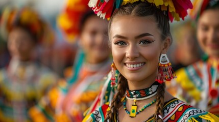 A young woman in colorful traditional clothing smiles for the camera during a dance performance