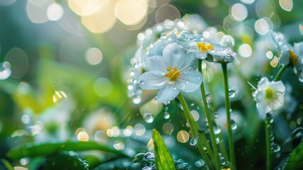White Flowers with Raindrops in a Sunny Meadow - Close-up of delicate white flowers with raindrops, set against a green meadow with blurry bokeh lights.