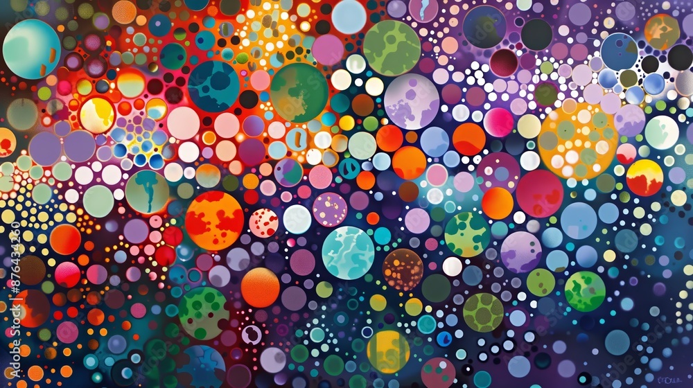 Poster abstract art with diverse dots in various sizes and vibrant colors, creating a visually captivating 