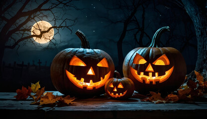 Fototapeta premium Halloween pumpkin head jack lantern with burning candles, Spooky Forest with a full moon and wooden table, Pumpkins In Graveyard In The Spooky Night - Halloween Backdrop. Ai Generative