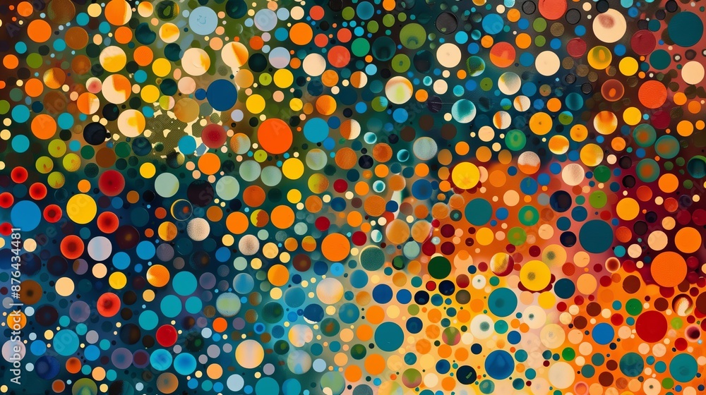 Poster this abstract art features dynamic dots in varying sizes and colors, creating a vibrant, engaging co