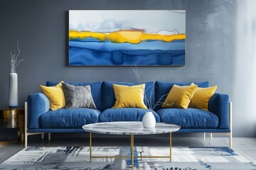 Modern living room with blue sofa, yellow pillows, abstract art print on gray wall, in 3d rendering