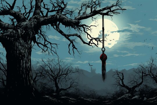 A noose hanging from a tree branch in a desolate forest, a grim reminder of the potential for self-inflicted harm