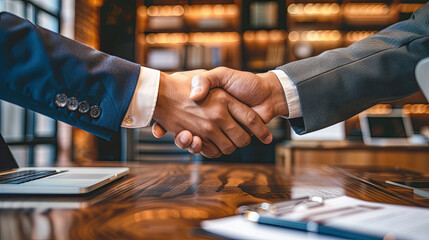 Two Businessmen Shaking Hands After a Successful Meeting in a Modern Office with Bokeh Lighting Business Agreement and Partnership Concept