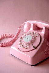 Vintage rotary dial telephone on vibrant pink surface, showcasing old fashioned design