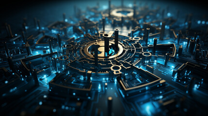 Depict a Futuristic Holographic Interface Showcasing  Blue Gears and Digital Circuitry Patterns Against a B Black Background, Providing a High-tech Setting for Branding .