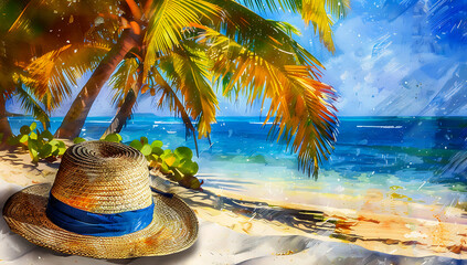 Obraz premium Paradise, A straw hat with a blue band is placed on the beach, and in front of it there is an exotic island.