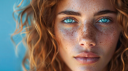 Fototapeta premium Close Up Portrait Beautiful Young Woman Freckles Blue Eyes Curly Red Hair Looking Camera Natural Beauty Skincare Wellness Concept Blue Background