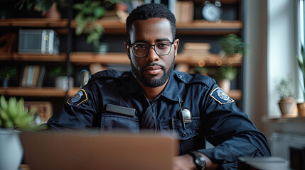Obraz premium Serious Black Male Police Officer In Uniform At Desk With Laptop Looking At Camera In Office Interior Law Enforcement Concept Stock Photo