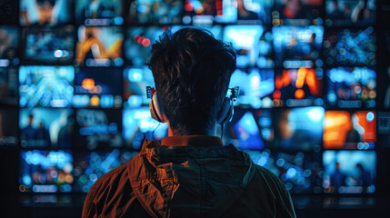 Obraz premium Man With Headphones Watching Video Wall With Abstract Blurred Content Technology, Entertainment, and Digital Media Concept
