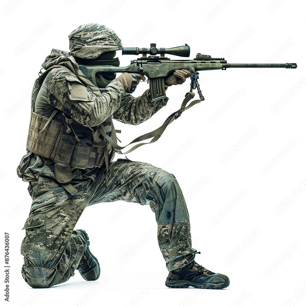 Wall mural Standing_Military_sniper_in_camouflage_uniform_aiming_a_rifle_generative_ai_image