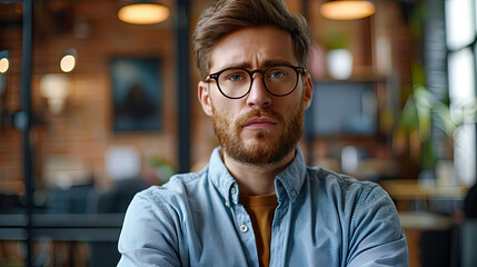 Fototapeta premium Serious Young Man with Glasses and a Beard Looking at Camera in a Busy Office Environment