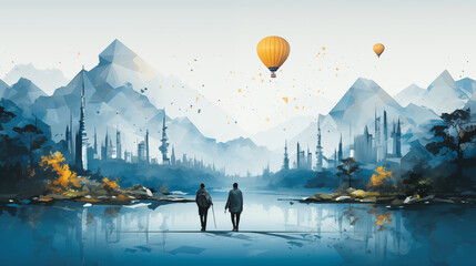 A Couple Enjoying view with Colorful  Beautiful many Hot Air Balloon flies over the Lake and Mountains.
