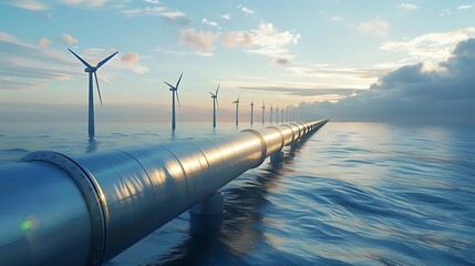Clean energy solutions with hydrogen pipeline and wind turbines in the background focusing on green hydrogen production concept