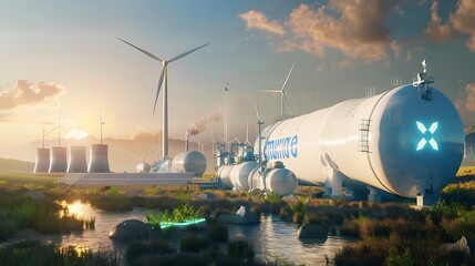 Hydrogen pipeline and wind turbines in the background showcasing green hydrogen production concept for renewable energy