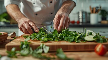 Chef slices greens with a knife on a cutting board. A catering professional at work. Illustration for cover, card, postcard, advertising, marketing or presentation.