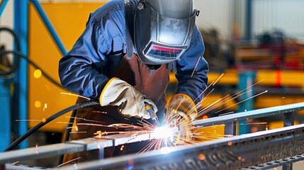 Male welder in a protective mask is welding metal. A professional works in a factory. Industrial background. Illustration for banner, poster, cover, brochure or presentation.