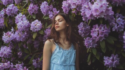 Naklejka premium A woman stands in front of a bush of vibrant purple flowers