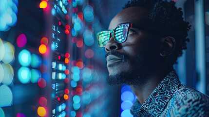 African American IT Specialist Working With Server Rack at Night in Data Center, Reflecting Server Lights in Glasses, Doing Cybersecurity Check Using Neural Network, Artificial Intelligence