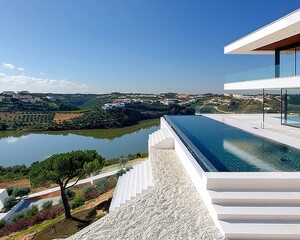 Fototapeta premium Elegant minimalist residence white walls and wood panels in serene natural setting