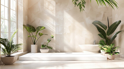 Minimalist White Bathroom Interior Design with Tropical Plants, Sunlight Streaming Through Window, Modern Bathtub, and Empty Podium for Product Placement