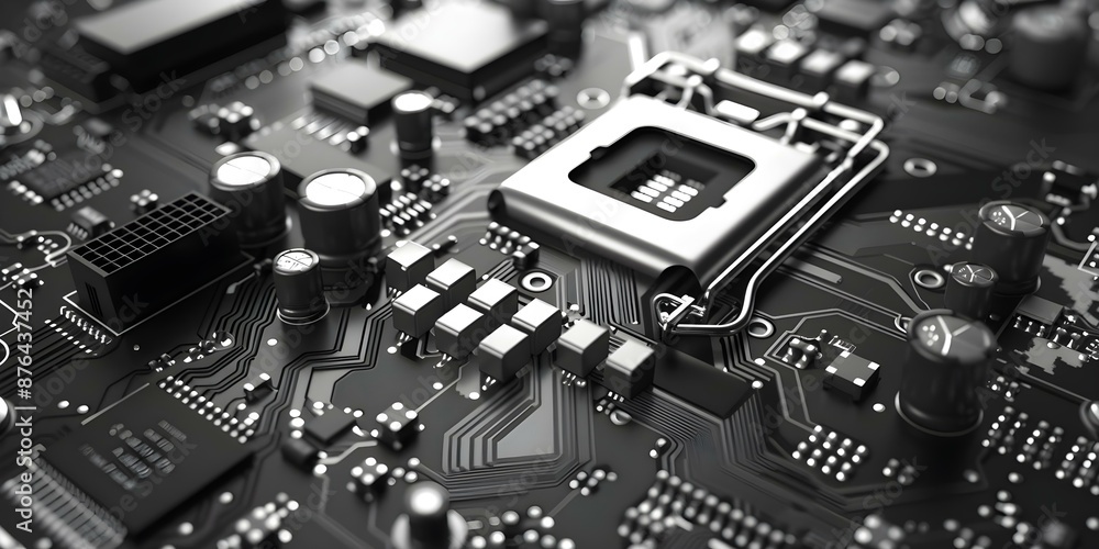 Poster circuit board with various shapes in black and white color scheme. concept technology, geometric sha