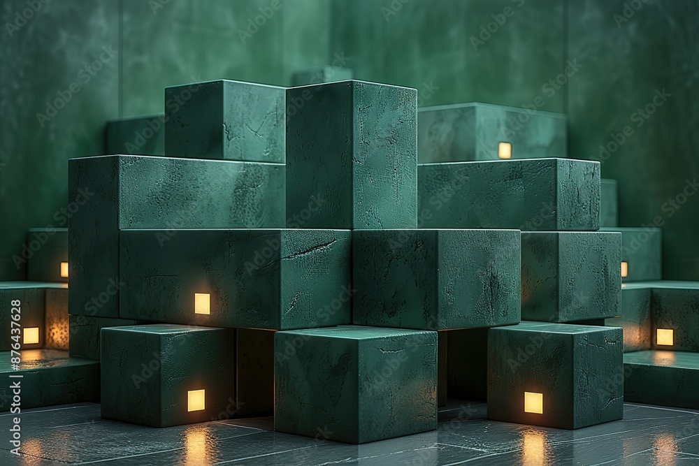 Poster a stack of green cubes with a light on top of each one