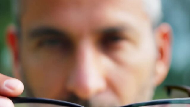 Blurry vision becomes clear as man puts on prescription glasses, eyesight improvement concept