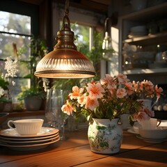 Cup of coffee and vase with flowers on table in cafe