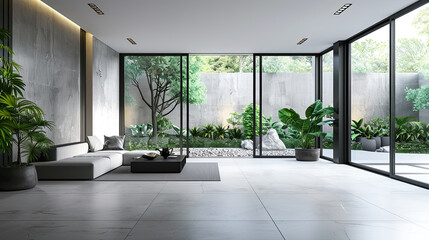 Obraz premium Modern Minimalist Living Room Interior With Open Garden View, Concrete Wall, Sliding Glass Doors, And White Sofa With Tropical Plants Decor 3D Rendering, Illustration