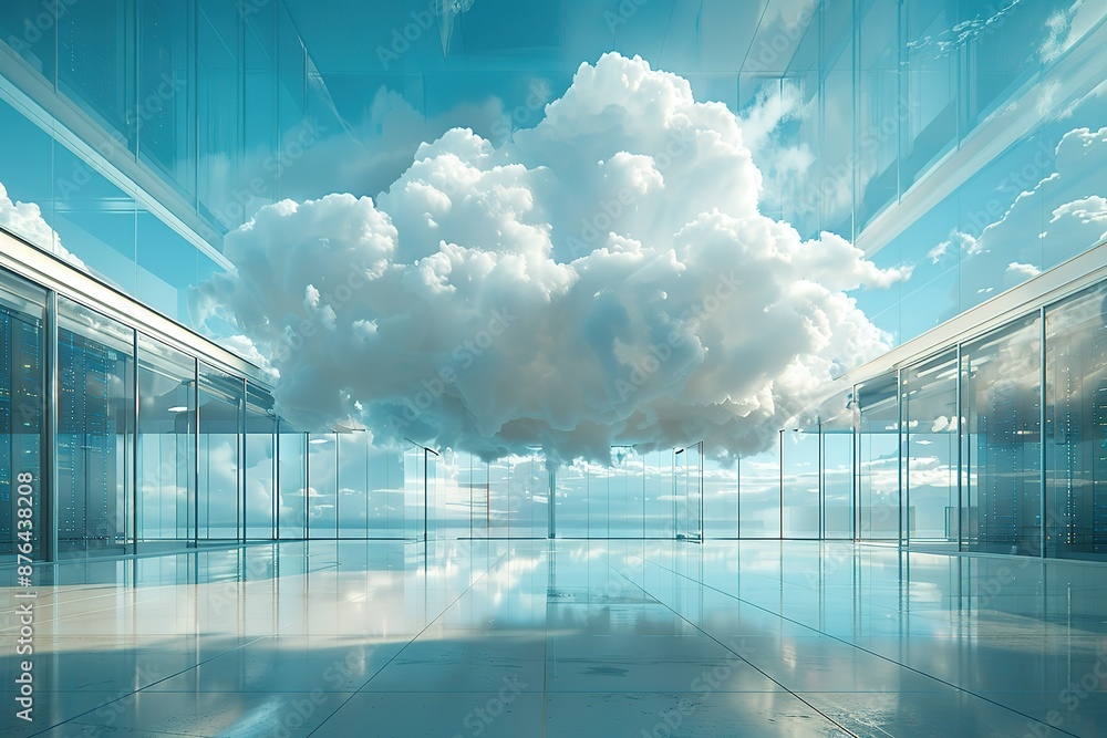 Poster a large cloud is floating in the sky above a large building with many windows