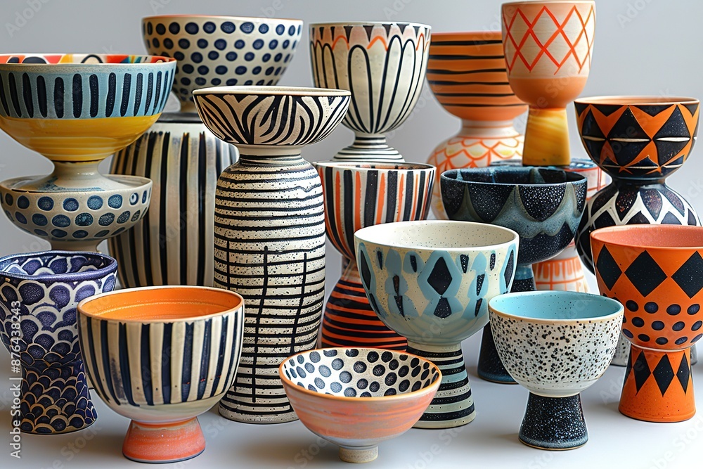 Poster A collection of colorful bowls and vases with various patterns and designs
