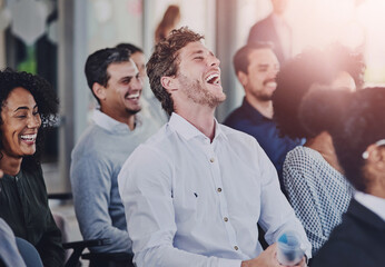 Education, development and seminar with funny business people in conference room for learning or...