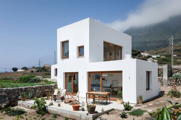 Modern cubic house displaying white walls and charming wooden details situated by a serene river
