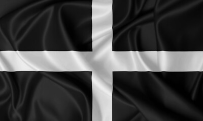 Fototapeta premium Flag of Cornwall waving in the wind on fabric texture