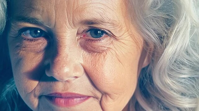 Close up pulling back from a portrait of a young girl with blond hair suddenly aging into an old woman in real time. For aging meme.