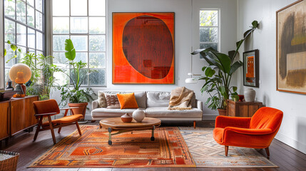 Mid Century Modern Living Room Interior Design with Orange Accents and Large Abstract Art Painting