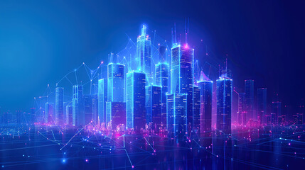 Fototapeta premium Futuristic Smart City Connected with Digital Network Technology, Big Data, Internet of Things (IoT), Artificial Intelligence (AI), 5G Communication Concept Blue and Pink Neon Lights Background