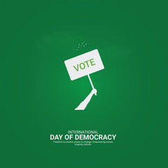 International Day of Democracy Creative Ads. hand and vote icon isolated on Template for background. Democracy Poster design, vector, 3d, illustration, Sep 15. Important day, Holiday concept.