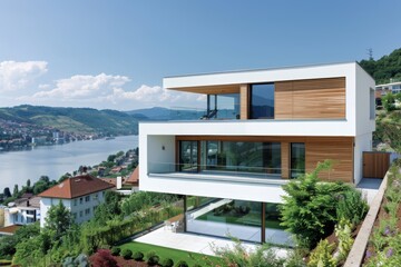 Fototapeta premium Modern lakeside home white walls, timber cladding, large windows, stunning lake views