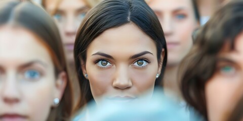 Obraz premium Woman surrounded by crowd making direct eye contact with camera. Concept Woman, Crowd, Eye Contact, Direct, Portrait