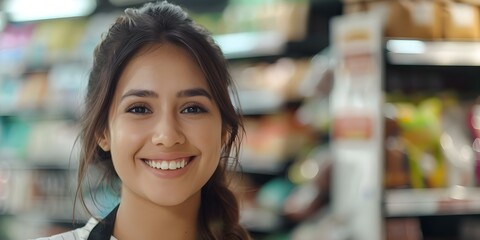 Smiling convenience store worker posing for camera providing excellent customer service. Concept Customer service, Convenience store, Smiling worker, Posing, Excellent service