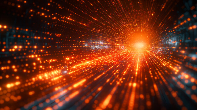 Abstract futuristic technology image with orange glowing lights and data network, lightspeed concept