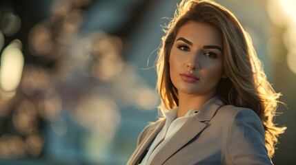 Obraz premium Confident Businesswoman in Natural Sunlight with Bokeh Background
