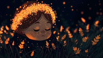 Enchanting Illustration of a Girl with Glowing Crown and Fireflies