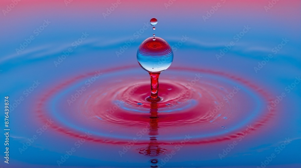 Poster Macro Water Droplet Reflection,  A vibrant macro photograph of a water droplet splashing into a pool of water, creating a colorful ripple effect with reflections of red and blue.
