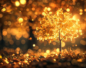 Bioengineered trees, glowing leaves, ethereal beauty, exploring the unintended consequences of large-scale geoengineering projects 3D render, golden hour, depth of field bokeh effect