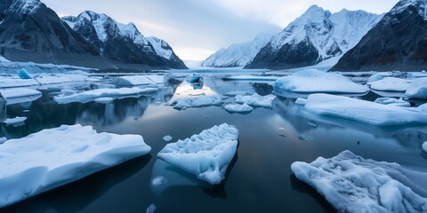 Icebergs float in a glacial lake surrounded by snow-capped mountains