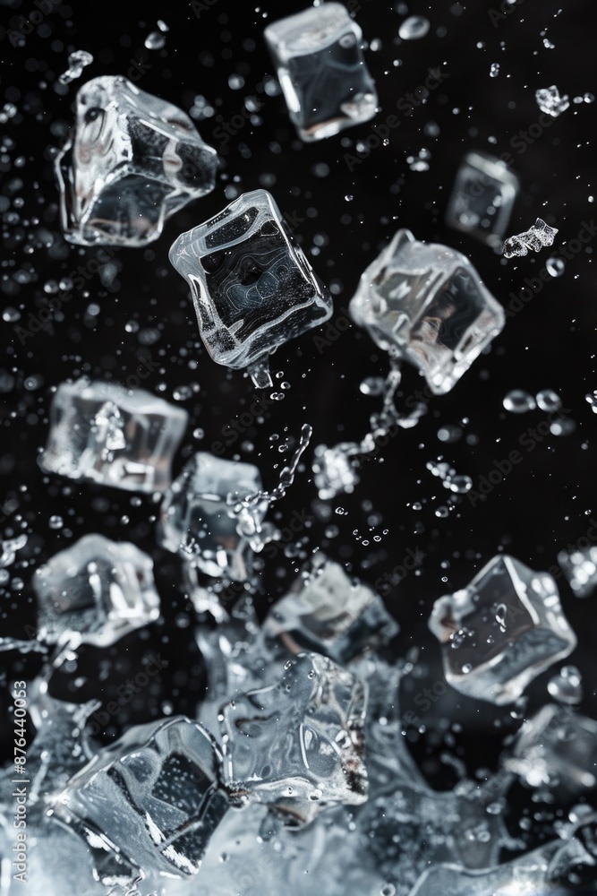 Poster a close-up shot of a bunch of ice cubes falling into still water, creating ripples and waves