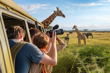 A group of people are taking pictures of giraffes in a field